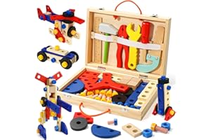 TONZE Caisse a Outil Enfant Jouets en Bois Jeux de Construction Boite a Outil Enfant pour Garçons Filles de 3 4 5 6 Ans Idée Cadeau Garçon Filles 3 4 5 6 Ans Cadeau Noel
