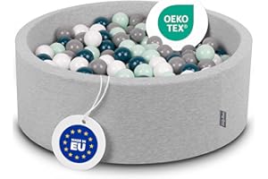 KiddyMoon 90X30cm/300 Balls ∅ 7Cm / 2.75In Baby Foam Ball Pit Made In EU, Light Grey:Dark Turquoise/Grey/White/Mint