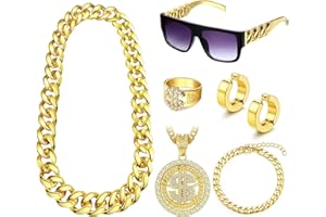 Diamday Anni '80 '90 Hip Hop Costumi Kit per Donna Uomo Finta Oro Catena Bracciale Rapper Dollaro Segno Collana Dito Anello DJ Punk Hippie Sole Occhiali Orecchini a Clip per Carnevale Cosplay