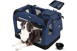 Leopet® Sac Transport pour Chiens - Gamelle et Poche Rangement, Pliable, Respirant, Tapis Amovible - Bagage, Panier Animaux de Compagnie (Bleu, XL: 81x58x58 cm - LxLxH)