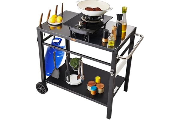 VEVOR Desserte Plancha à 2 Niveaux Chariot de Barbecue avec Grand Plan de Travail Table de Barbecue sur roulettes pour Four à Pizza Préparation de Cuisine BBQ Jardin Patio Extérieur 85 x 55 x 83,5 cm