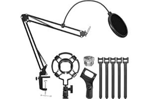 Lahrma Microphone Stand Mic Boom Arm, Adjustable Mic Stand Desk with Cable Ties & Pop Filter, Microphone Stand Desk for HyperX QuadCast SoloCast Blue Yeti and Other Mics