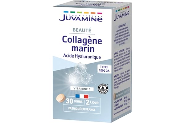 JUVAMINE Collagène Marin et Acide Hyaluronique, Vitamine C, Beauté, Peau et Articulations, Programme de 30 jours, 60 Comprimés, Fabriqué en France