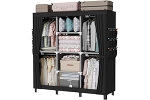 LOEFME Armadio in tessuto, pieghevole, con asta, in tessuto, con 18 tasche laterali, 45 x 130 x 172 cm, colore nero