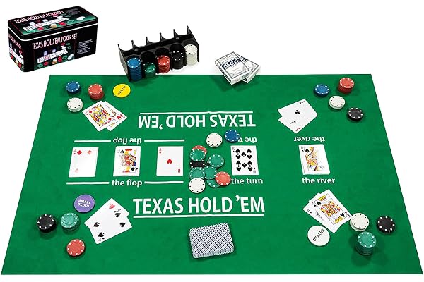 Engelhart - 320900 - Set de Poker Complet - Boîte en métal avec Tapis, 200 jetons (4 g), 2 Jeux de Cartes, Boutons de Croupier, Petite et Grande Blinde + Regles du Jeu - Coffret de Jeu de Poker