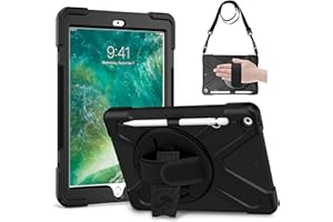 Gerutek Coque pour iPad 9.7 6è Génération 2018 / 5è Génération 2017, Antichoc Armure Robuste Étui avec Support Rotatif, Dragonne et Bandoulière, Robuste Housse pour iPad A1893 A1954 A1822 A1823, Noir