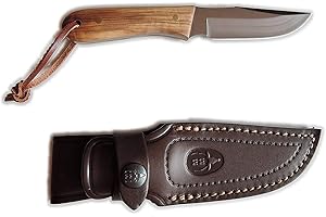 Muela Cuchillo BISON-9OL hoja de acero ACX-380 de 9 cm y empuñadura de olivo para Caza, Pesca, Supervivencia y Bushcraft Realizado en Ciudad Real + Portabotellas de regalo