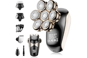 Men's Electric Bald Razor, ROSSIFUR 5 in 1 Bald Men's Head Shaver, IPX7 Waterproof with 7 Rotating Shaver Heads, Nose Hair Sideburn Trimmer, Type C Rechargeable Grooming Set