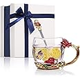 Decdeal Enamel Glass Mug, Flower Tea Cup Lead-Free Coffee Mug with Spoon&Cleaning Cloth&Gift Box,Gifts for Mum,Wife,Girl,Teacher on Birthday,Valentine's Day,Mother's Day,Wedding Anniversary,Christmas