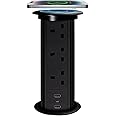 VORSPRUNG® Automatic Retractable Pop Up Power Sockets | 3x 3 pin UK Plugs | 1x USB C | 2x USB A | Qi Charging iPads, All Phones | Surge Protection | Fast Charger | Wireless Charging (Black)
