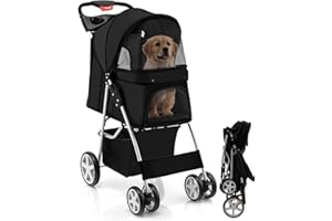 Maxmass Travel Pet Stroller, Foldable Small Medium Sized Dog Cat Trolley with Storage Basket, Safety Belt and Cup Holder, 4 Wheels Puppy Pushchair (Black)