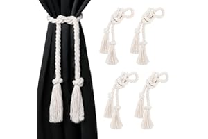 Pretty Jolly 4 Pack Natural Cotton Rope Curtain Tiebacks Boho Home Decor Drape Tie Backs Hand Woven Rope Curtain Holdbacks for Thin & Thick Home & Office Window Draperies (Rope-Beige)