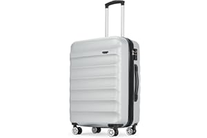 GinzaTravel Lightweight Hard Shell Medium Suitcase with 4 Double Spinner Wheels and Combination Lock Carry-on Luggage, Silver Grey, 24 Inch