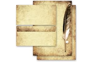Juego completo de 40 componentes Antiguo & Historia, PLUMA EN PAPEL VIEJO 20 hojas estampadas + 20 sobres estampados DL, sin ventanas | Paper-Media