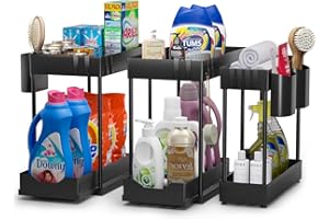 Cinnani 3 Paquete Organizador Bajo Fregadero 2 Niveles,Organizador Cocina con 12Ganchos y 2Cesta Colgante,Deslizable Organizador Debajo Fregadero,Under Sink Organizer para Kitchen Baño Encimera,Negro