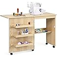 COSTWAY Folding Sewing Table, 2-in-1 Rolling Craft Table with Storage Shelves and Lockable Casters, Space Saving Sewing Machine Cabinet Computer Desk (Light Natural)