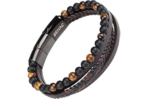 genac Bracelet Pour Homme En Perles De Pierres Naturelles 6mm Et Cuir Véritable Multi Tissé Avec Fermoir Magnétique Amovible En Acier Inoxydable Pour Régler Facilement La Longueur.