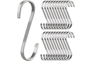 ILAUKE Zestaw 20 haczyków w kształcie litery S, płaskie, ze stali nierdzewnej, do wieszania, przyborów kuchennych, przyborów, ubrań, roślin, urządzeń ogrodowych, obciążalność do 10 kg, kolor srebrny