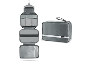 Maliton Toiletry Bag Men & Women, Large Hanging Toiletry Bag with 4 Compartments, Foldable Travel Toiletry Bag for Business Trip, Vacation, Waterproof for Wash Bag & Shower Bag （Grey）