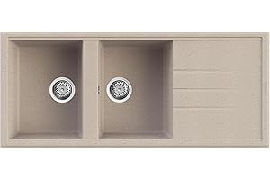 EVHOC Lavello ADHOC L Sopratop 2 Vasche con Gocciolatoio, Lavandino Reversibile per Cucina, Piletta Inclusa, Made in Italy, Avena, 116x50 cm
