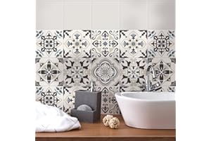 RE-COVERTILES - Autocollants Carrelage Salle de Bain et Cuisine 24 Pcs 10x10 cm - PS00022 Décoration murale en carrelage mosaïque PVC imperméable style carreaux de ciment Azulejos