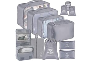 Shrubz 12 Pezzi Organizer Valigie, Packing Cubes, Organizer Valigie Set, Abbigliamento Intimo Calzature Organizzatori Sacchi Valigia di Stoccaggio Set, Organizzatore per Vacanze Viaggi, Grigio
