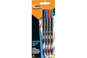 BIC Intensity Stylo Feutre d'écriture Pointe Fine et Corps Noir Verni - Couleurs assorties, Blister de 4