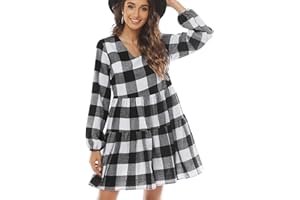 FANCYINN Vestido a Cuadros para Mujer con Manga Larga con Campana Mini Vestido con Volantes y Bolsillos