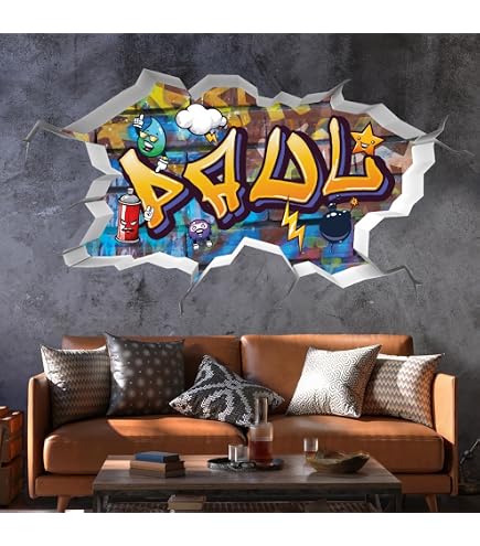 Autocollant Mural Personnalisé Prénom Style Graffiti 3D - 64x37 Cm - Décoration Chambre Ado Fille - Sticker Facile à Poser