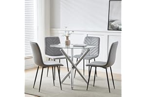 Pantanal Round Glass Dining Table and Grey Velvet Chairs Set of 4 for Small Space, 5 Pieces Modern Kitchen Table with Velvet Upholstered Chairs for Home Office Restaurant Reception (Grey#2)