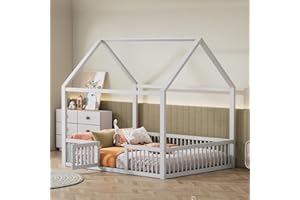 Gegtuon Doppelbett Bett 140x200 cm, Hausbett Holzbett mit Dach und Zaun Türen, Bett Bettgestell mit Lattenrost und Rausfallschutz, Bodenbett Bettrahmen für Jungen und Mädchen, ohne Matratze, Weiß