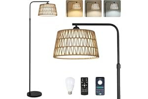 ‎RAYOFLY Rayofly Dimmbare Stehlampe Wohnzimmer, Rattan Stehlampe mit Fernbedienung und LED-Glühbirne, App-Steuerung, Boho Stehleuchte mit Rattan & Leinen Lampenschirm, Vintage Standleuchte für Schlafzimmer