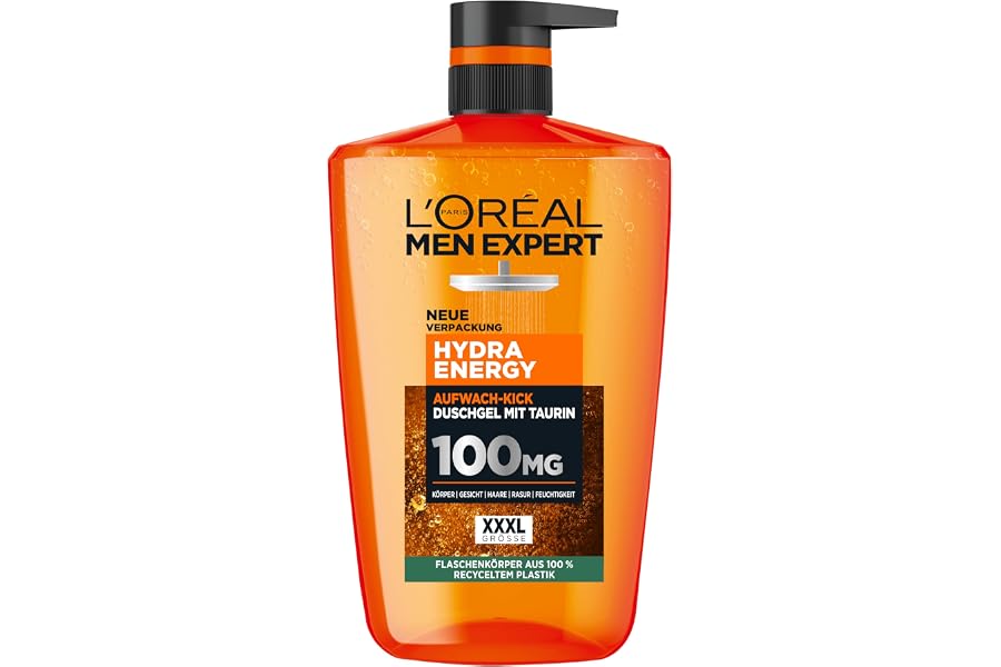 L'Oréal Men Expert 1L Duschgel und Shampoo für Männer, 3-in-1 Duschbad zur Reinigung von Körper, Haar und Gesicht, Herren Körperpflege für langanhaltende Frische mit Taurin, Hydra Energy, 1x1000 ml