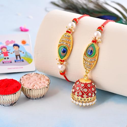 CraftVatika Rakhi for Brother and Bhabhi with Gift Set Combo, Rakhi Set of 2 for Bhaiya Bhabhi, Kundan Meenakari Couple Pair Bhai Bhabhi Rakhi, Rakhis for Rakshabandhan, Fridge Magnet for Door Décor
