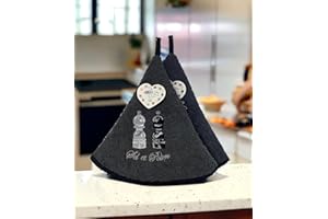 VILLAGES DE PROVENCE Lot de 2 Torchons Essuie Mains Sel et Poivre - Essuie Mains Cuisine Rond avec Attache - Motifs Brodés - 100% Coton - Ø 65 cm de diamètre - Lavable en Machine (Noir Gris, Lot de 2)