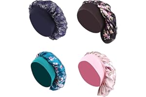 MEMOFYND Pack de 4 Gorros elásticos para Dormir de satén, Gorro de Noche Ajustable, Gorro de satén para el Pelo, Gorro de Seda elástico, Adecuado para Mujeres y niñas.