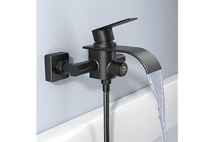 KULACO Grifo de bañera cascada negro, mezclador para bañera, grifo de bañera, latón con interruptor de presión, grifo de ducha para montaje en pared, negro