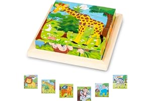 TK99SW Juguetes Rompecabezas de Cubos de Madera, 6 en 1 3D Actualizar Rompecabezas de Madera de Animales, Juguetes Montessoris Educativos para 1 2 3 Años Niños Niñas Regalos de Cumpleaños de Navidad
