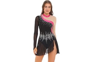 YiZYiF Vestito Pattinaggio Artistico sul Ghiaccio con Strass Donna Body Balletto Danza Classica Ginnastica Abito da Ballo Ritmica Skating Dress Leotard Bodysuit Dancewear