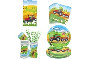 LILWEMEN Traktor-Partei-Dekorationen - Traktor-Farm-Geburtstags-Party-Teller-Geschirr, Einschließlich Traktor-Teller, Tassen, Servietten, Tischtuch, Stroh Für Traktor Themed Birthday Party Supplies, Dient 20