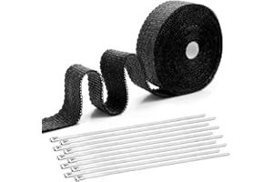 NENULL 6M Hitzeschutzband Auspuff Dichtband Hitzeschutz Auspuff Bandage mit 10 Kabelbinder Edelstahl Hitzeschutzband Selbstklebend für Fächerkrümmer Thermoband Krümmerband Auto Motorrad Auspuff (Schwarz)