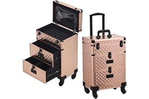 BTGGG Kosmetikkoffer Trolley mit Schublade Professionell Make Up Koffer Friseurkoffer mit Rollen Abschließbar Schminkkoffer Damen Nägel Koffer für Reise, Friseure, Visagisten, Rose Gold