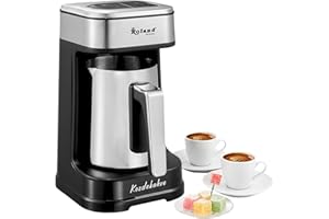 Roland Germany Türkische Kaffeemaschine, 600W, Kaffeekanne, Slow COOK Technologie, 4 Tassen Kapazität, mit Kaffeemesslöffel, Doppelter Ausguss, Ton- und Lichtwarnsystem (1, Silber)