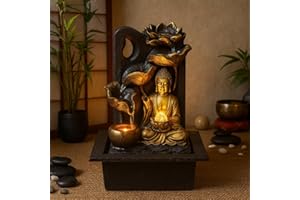 GEEZY Indoor Water Fountain - Buddha Statue Water Feature with LED Lights - Mains Powered & Self-Contained, Table Top, Relaxing & Tranquil - Perfect for Home, Living Room, Office Decor