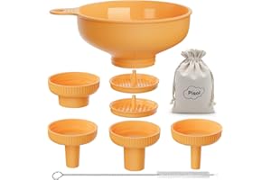 Pisol Wide Mouth Versatile Funnel, Canning Funnels for Kitchen Use, Food Grade Plastic Cooking Funnel Set with 4 Size Spouts and 2 Strainers for Filling Different Bottles and Bags, Orange