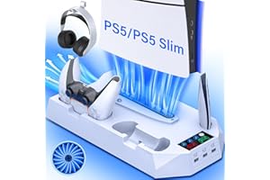 ZRZLMVP PS5/Slim/Pro Standfuß Kühler mit Controller Ladestation für PlayStation 5 Konsole Disc/Digital, PS5 Zubehör inkl. Controller Ladestation, Lüfter, Headset Halterung, 3 USB Hub, Schraube