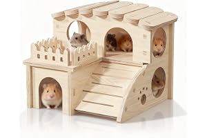 QingWing Trähus Hamsterbro med Trappa, Trähus för Små Hamster, Gnagare Gömställe, Lämpligt för Små Husdjur Aguti Jerbo Kaniner etc