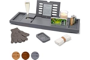 Temple Spring - Bandeja para bañera (Madera), diseño con candelabro, para Copas de Vino, Libros, tabletas, iPad y teléfono, con Puente Extensible y Ajustable, 100% bambú, Color Natural (Gris)