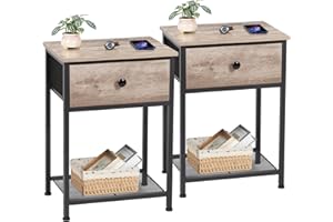 AMHANCIBLE Bedside Table Set of 2, Small Side Table with Fabric Drawer, Sofa Side Table with Storage Shelf, Nightstand with Metal Frame, Coffee Table for Bedroom, Living Room, Grey UHET03SDGY