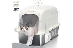 MeoWant Litiere pour Chat en Acier Inoxydable, Bac à Litière XXL avec Pelle, Type Fermé en Forme de U Toilette, 81L Toilettes pour Chat Amovibles avec pédale, Pelle et Tapis (Blanc)